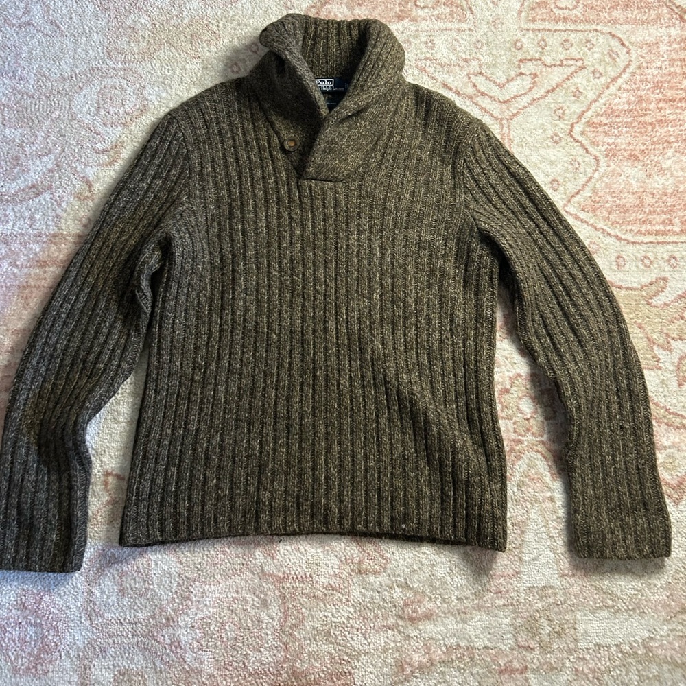 Ralph Lauren Olive Ribbed Turtleneck Shawl Sweater